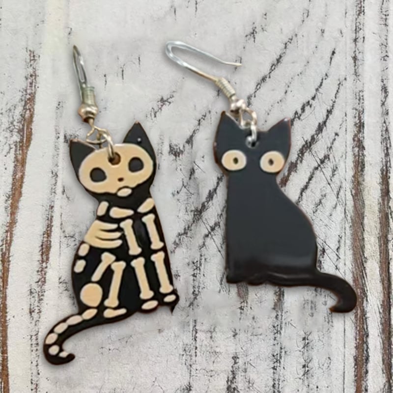8a6a847cbaaf39cecdcc2e5eaa011f9d656b50c8.jpg 🎃 Adorable Black Cat / Skeleton Cat Wood Dangle Earrings - Image 1